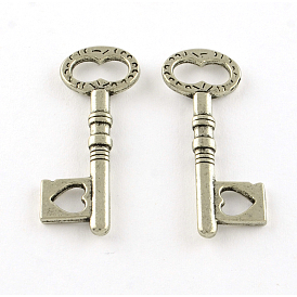 Tibetan Style Alloy Pendants, Key with Heart, Cadmium Free & Lead Free, 34x14x2.5mm, about 613pcs/1000g