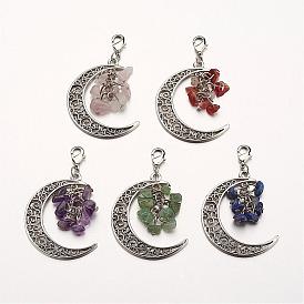 Natural Gemstone Big Pendants, with Alloy Pendants and Brass Lobster Claw Clasps, Mixed Metal Color, Moon