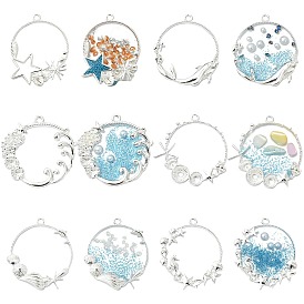 12Pcs 6 Styles Ocean Style Alloy Open Back Bezel Pendants, For DIY UV Resin, Epoxy Resin, Pressed Flower Jewelry, Ring with Sea Animals