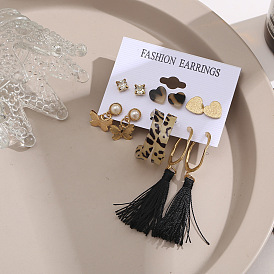 Chic Leopard Print Butterfly Earrings Set with Tassels, 6 Pieces