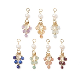 7шт. 7 стили подвесок из натуральных смешанных драгоценных камней с жемчугом, Граненые круглые подвески-кисточки с фурнитурой из нержавеющей стали, золотые