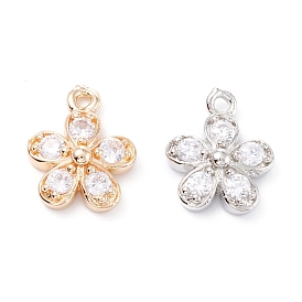 Rack Plating Brass Cubic Zirconia Charms, Long-Lasting Plated, Flower