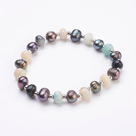 Gemstone Beads Stretch Bracelets, with Pearl Beads and Brass Spacer Beads