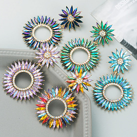 Colorful Geometric Sunflower Alloy Diamond Long Earrings for Girls Creative Ear Jewelry