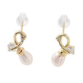 Natural Pearl Ear Studs, with Brass Glass Findings and 925 Sterling Silver Pins, Oval