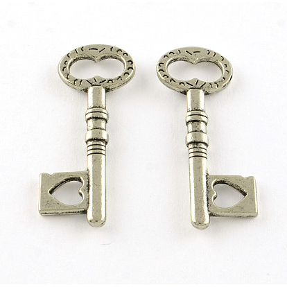 Tibetan Style Alloy Pendants, Key with Heart, Cadmium Free & Lead Free, 34x14x2.5mm, about 613pcs/1000g