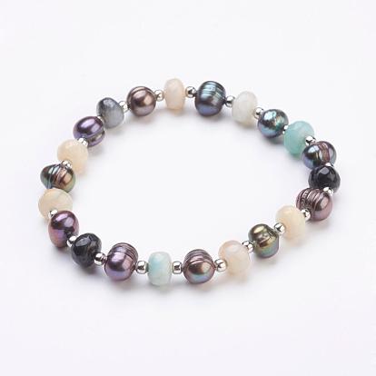 Gemstone Beads Stretch Bracelets, with Pearl Beads and Brass Spacer Beads