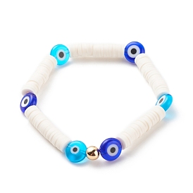 Polymer Clay Heishi Surfer Stretch Bracelet with Lampwork Evil Eye Beaded for Women