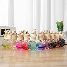 Empty Glass Perfume Bottle Pendants with Wood Cap, Aromatherapy Fragrance Essential Oil Diffuser Bottle, Car Hanging Decor