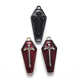 Halloween Theme Alloy Enamel Pendants, Coffin with Cross