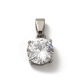 304 Stainless Steel with Clear Cubic Zirconia Charms, Flat Round