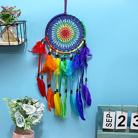 Polyester Thread Woven Net/Web with Feather Pendant Decoration, with Plastic Beads, Flat Round
