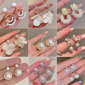 Серьги-гвоздики из пластика с имитацией жемчуга, со стразами для женщин