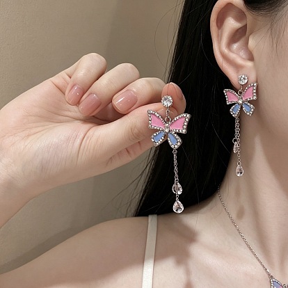 Boucles d'oreilles en alliage strass pour femmes, papillon, boucles d'oreilles pendantes en émail, platine