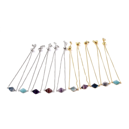 Adjustable Long-Lasting Plated Brass Box Chain Slider Bracelets, with Natural Mixed Stone Link, Faceted, Rhombus