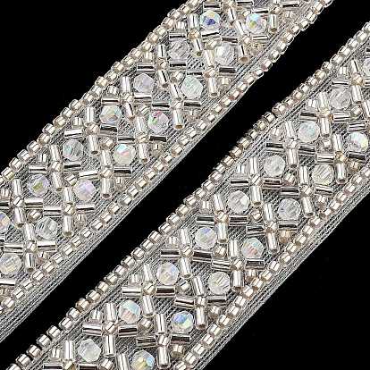 Polyester Flower Lace Trims, with ABS Imitation Pearl Beads and Glass