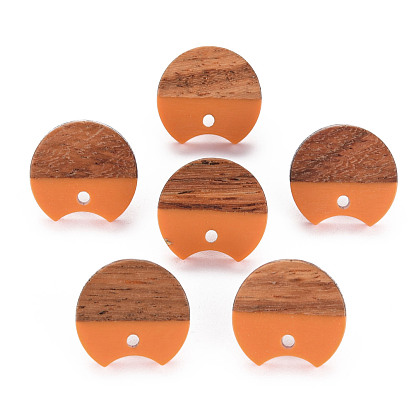 Two Tone Opaque Resin & Walnut Wood Stud Earring Findings, with 304 Stainless Steel Pin and Hole, Gappy Flat Round