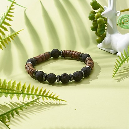 Bracelet extensible en perles de noix de coco naturelles pour hommes et femmes, diffuseur d'huile perles de roche de lave et bracelet en hématite synthétique non magnétique