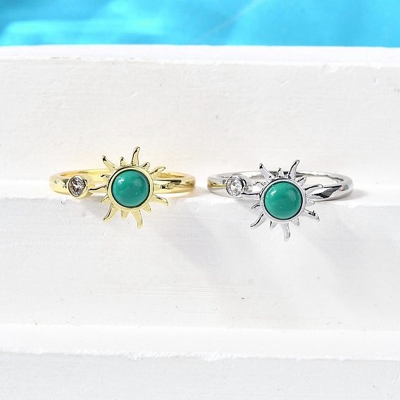 Открытые манжеты из латуни с цирконием для женщин, солнце, с синтетическими бирюзовый, стойки покрытие, прочное покрытие, без кадмия и без свинца