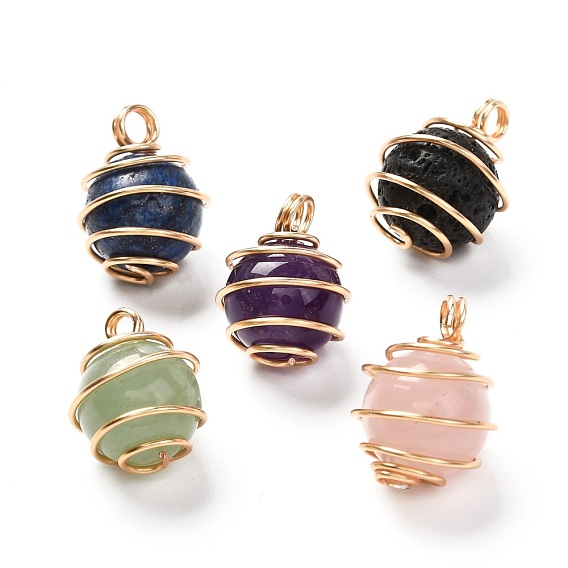 Natural Mixed Gemstone Pendants, with Real 18K Gold Plated Eco-Friendly Copper Wire, Round