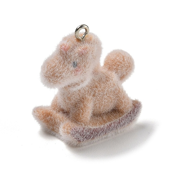 Flocking Opaque Resin Pendants, Rocking Horse Charms, with Platinum Iron Eye Pin