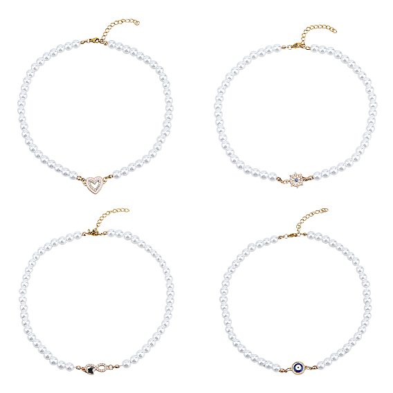 4шт. 4 стиль сердце & дурной глаз & бесконечность & шлем латунные стразы подвески ожерелья комплект с искусственным жемчугом бусины цепи для женщин