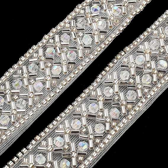 Polyester Flower Lace Trims, with ABS Imitation Pearl Beads and Glass