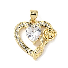 Латунные микро проложить кубического циркония подвески, Сердце со цветками , без свинца и без кадмия, долговечный, реальный 18 k позолоченный, стойки покрытие
