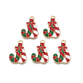Rack Plating Alloy Enamel Charms, Cadmium Free & Nickel Free & Lead Free, Light Gold, Christmas Candy Cane