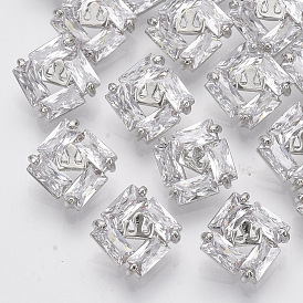 Brass Shank Buttons, with Micro Pave Cubic Zirconia, Square, Clear