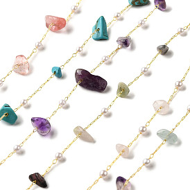 Цепочки из натуральных и синтетических драгоценных камней ручной работы с бусинами, пайки, с бусинами из АБС-пластика и фурнитурой из латуни с покрытием из стойки, долговечный, без свинца и без кадмия, с катушкой