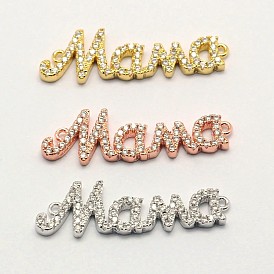Word Mama Brass Micro Pave Cubic Zirconia Links, For Mother's Day Jewelry Making, Cadmium Free & Nickel Free & Lead Free, 9x30x2mm, Hole: 1mm