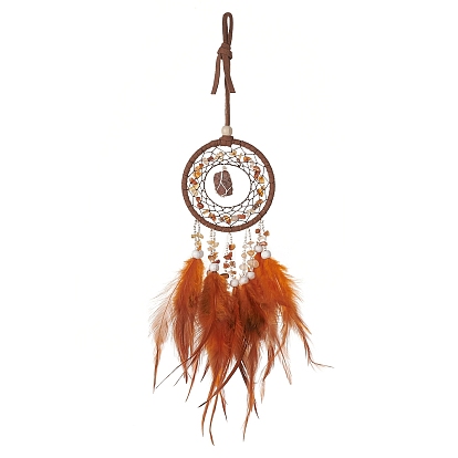 Iron Gemstone Woven Web/Net with Feather Pendant Decorations, with Wood Beads, Covered with Cotton Lace and Villus Cord, Flat Round