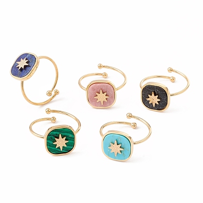 Natural Gemstone Sun Open Cuff Ring, Ion Plating(IP) 304 Stainless Steel Jewelry for Women, Golden