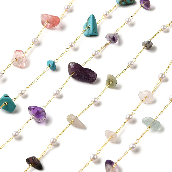 Цепочки из натуральных и синтетических драгоценных камней ручной работы с бусинами, пайки, с бусинами из АБС-пластика и фурнитурой из латуни с покрытием из стойки, долговечный, без свинца и без кадмия, с катушкой