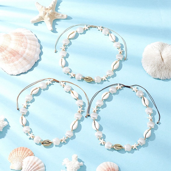 3 шт. 3 цвета лето синтетическая бирюзовая морская звезда и натуральная ракушка каури и белый искусственный жемчуг регулируемые бусины ожерелья, золотые