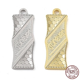 Rhodium Plated 925 Sterling Silver Pendants, Bamboo Stick with Polka Dot & Word Forever Charm, Textured