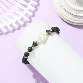 Натуральные лавовые камни, ларвикит, селенит и бусины из пресноводных ракушек, эластичные браслеты для женщин и мужчин., круглая и звезда и луна, с Гальваническим немагнитных синтетическими гематита бисера