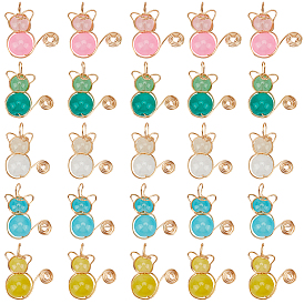 40шт 5 цвета имитация нефрита стеклянные бусины подвески, со светло-золотой медной проволокой, подвески в форме кошки