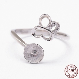 925 Sterling Silver Cuff Finger Design Ring Mounts Fittings with Pearl Seat, with Cubic Zirconia, For Half Drilled Beads, Butterfly