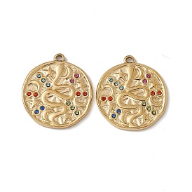 Vacuum Plating 201 Stainless Steel Pendants, with Colorful Rhinestone, Flat Round with Snake & Moon & Star Pattern Charm