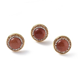 Synthetic Goldstone Half Round Adjustable Ring with Rhinestone, Rack Plating Brass Jewelry for Women, Golden
