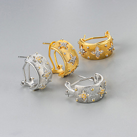 Серьги-кольца из латуни с прозрачным кубическим цирконием, С-образная форма с полым цветком