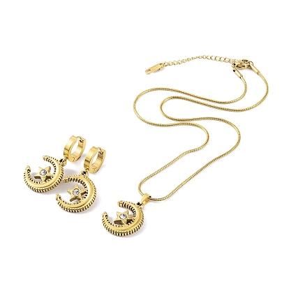 Luna 304 Pendientes de aro de acero inoxidable con diamantes de imitación y collares colgantes, conjuntos de joyas para mujer