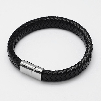 Braided Leather Cord Bracelets, with 304 Stainless Steel Magnetic Clasps, 206x12x6mm