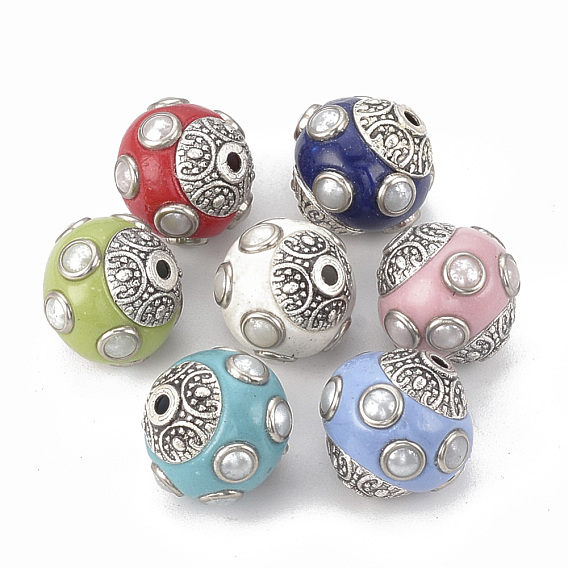 Handmade Indonesia Beads, with Alloy Findings & ABS Plastic Imitation Pearl Beads, Round