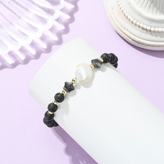 Натуральные лавовые камни, ларвикит, селенит и бусины из пресноводных ракушек, эластичные браслеты для женщин и мужчин., круглая и звезда и луна, с Гальваническим немагнитных синтетическими гематита бисера