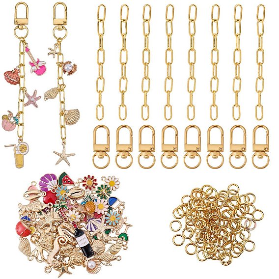 Kits de fabrication de porte-clés bricolage, y compris les porte-clés fendus en fer, laiton Anneaux ouverte, fermoirs pivotants et pendentif en alliage