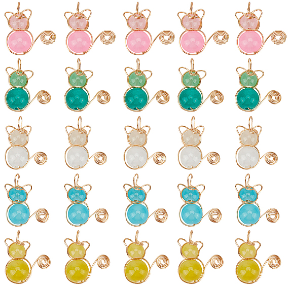 40шт 5 цвета имитация нефрита стеклянные бусины подвески, со светло-золотой медной проволокой, подвески в форме кошки