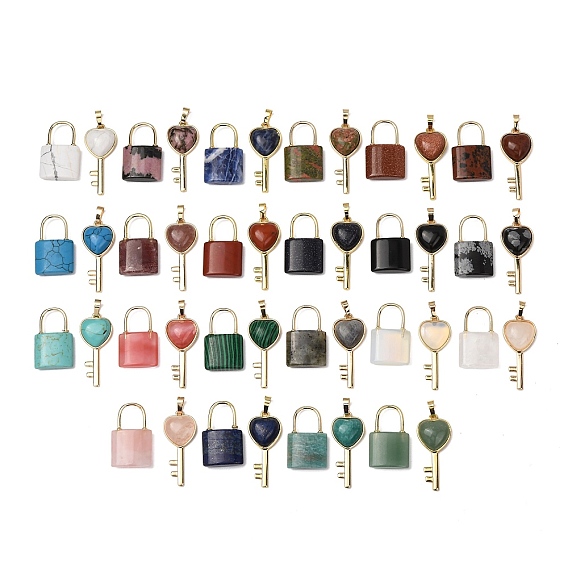 Natural & Synthetic Gemstone Beaded Pendants, Lock and Key Charms, with Golden Brass Findings